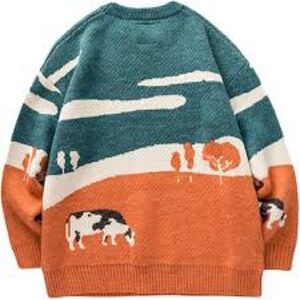 Aelfric Eden “Cow In Pasture” Prairie knit Sweater UNISEX Whimsical Size X Large
